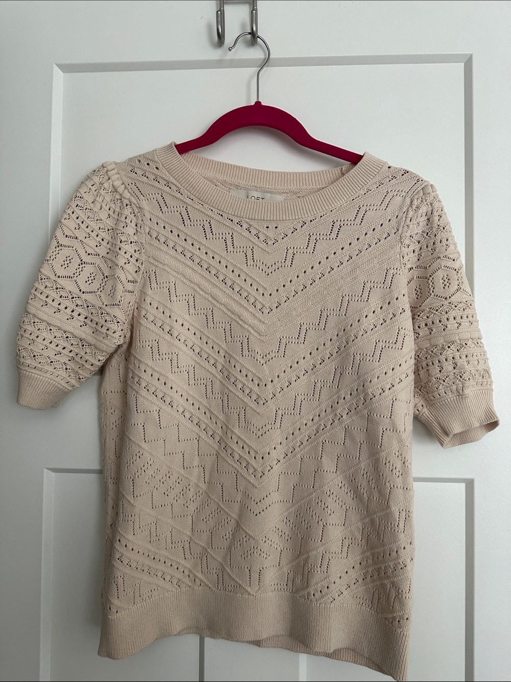 Loft Crochet Knit Short Sleeve Top in Light Cream